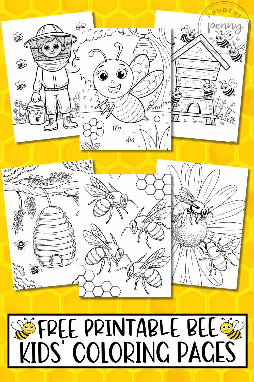 a collection of free printable bee coloring pages for kids of all ages on a honeycomb background.