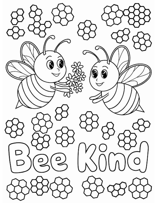 Two bees share flowers in a sweet reminder to "Bee Kind," surrounded by honeycomb patterns.