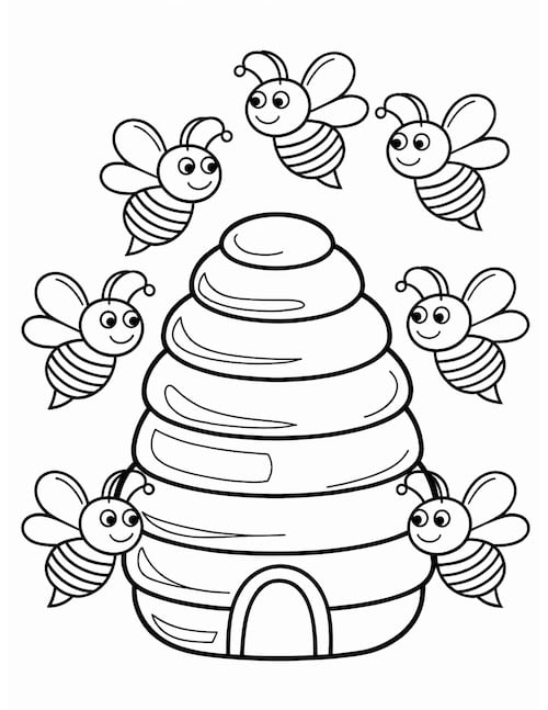 A round beehive surrounded by smiling bees, perfect for kids.