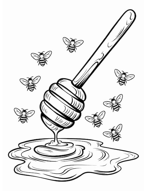 ealistic honey coloring page featuring a dripping honey dipper with bees buzzing around.