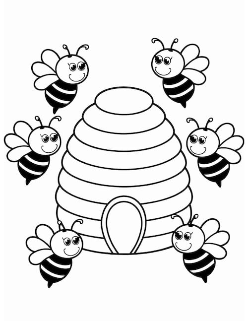 round beehive and several smiling bees happily flying around it.