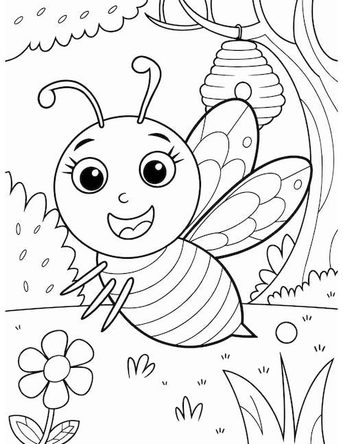 cheerful bee fluttering in a garden with flowers and a beehive in the background.