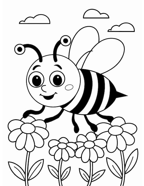 Fun bee coloring page showing a happy bee hovering over a row of blooming flowers.