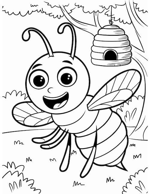  Cartoon bee coloring page featuring a large-eyed bee flying near its hive in a grassy meadow.