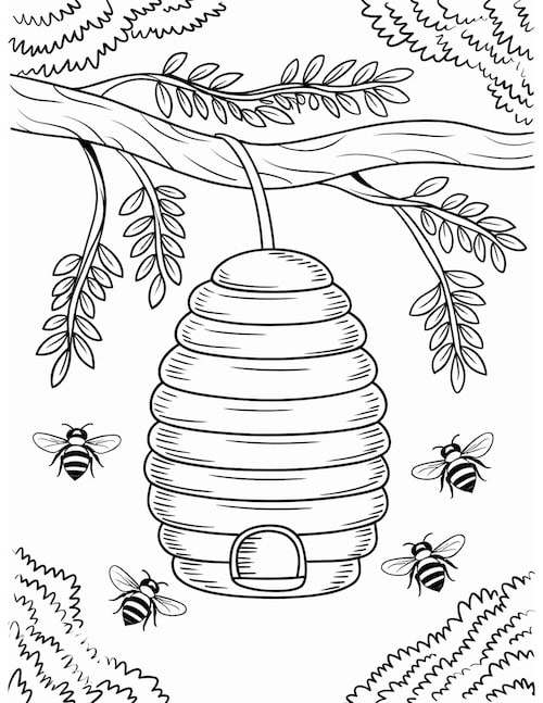 Printable beehive coloring page featuring a large beehive hanging from a tree branch with buzzing bees around it.