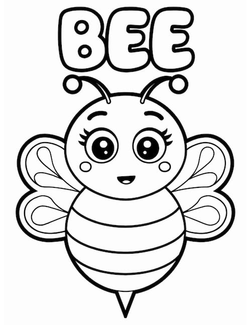 Adorable cartoon bee coloring page with big eyes, tiny wings, and a cheerful expression