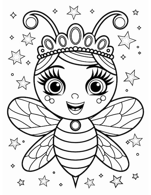 Cute bee princess coloring page featuring a smiling bee with a tiara, wings, and twinkling stars in the background.