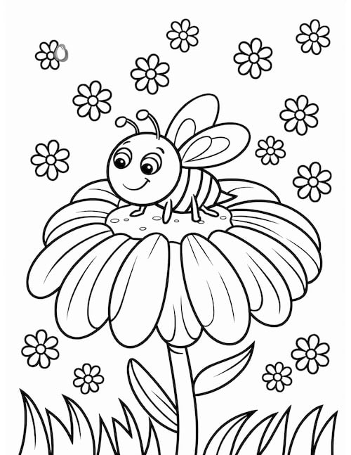 cartoon bee sitting on a giant flower, surrounded by blooming blossoms.