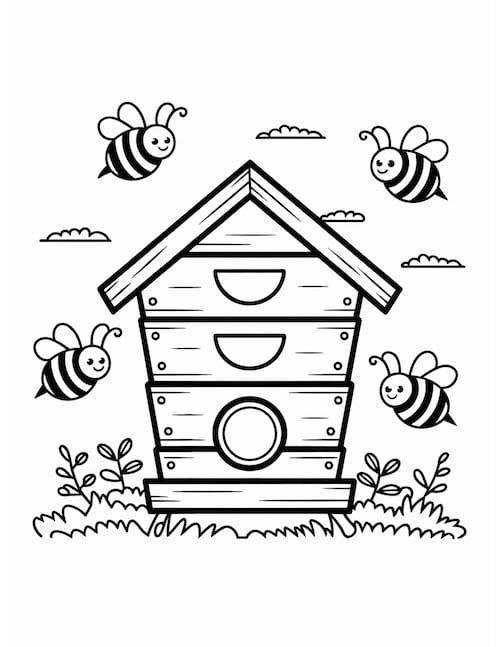 printable beehive coloring page with a wooden bee house and bees flying around it.