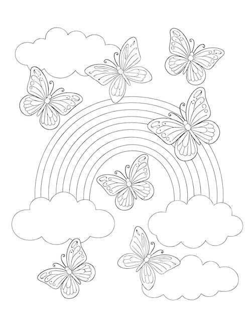 several butterflies soaring around a rainbow and fluffy clouds.