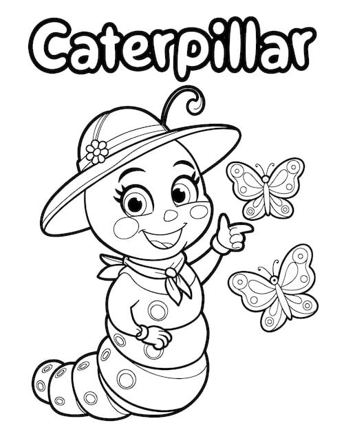 happy caterpillar wearing a hat and pointing at two small butterflies, with the word "Caterpillar" at the top.