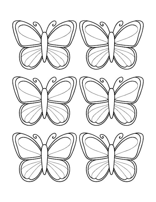 six identical butterfly outlines, evenly spaced.