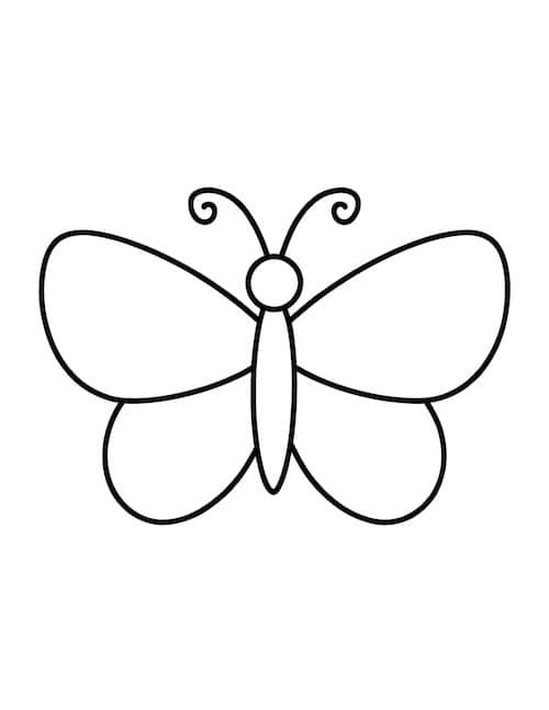 simple butterfly coloring page with rounded wings and curled antennae.