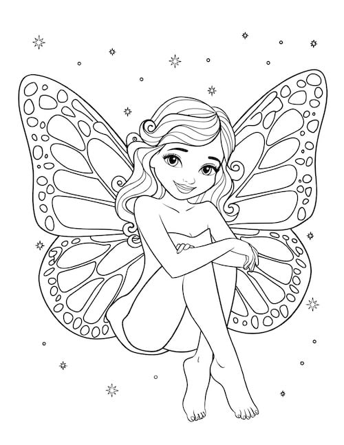 butterfly fairy sitting with her arms wrapped around her legs, surrounded by twinkling stars.