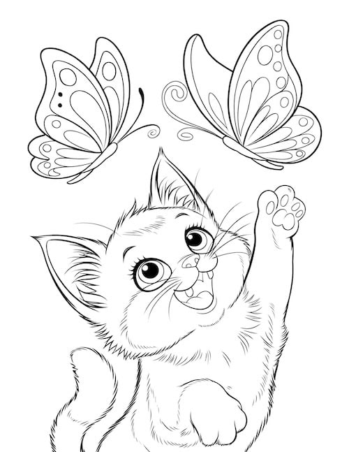 playful kitten reaching up toward two fluttering butterflies.