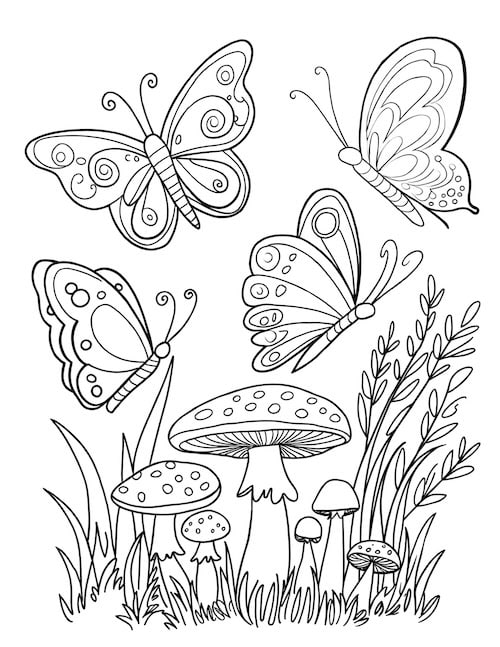 four beautifully patterned butterflies flying over mushrooms and tall grass.
