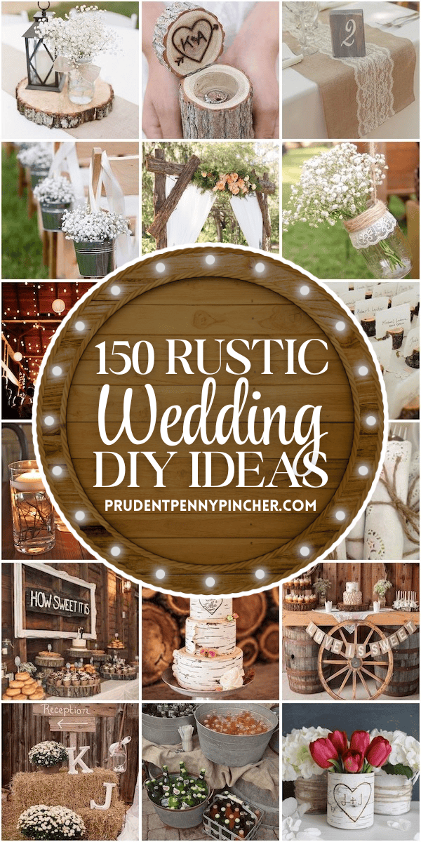 a collection of rustic wedding ideas including decor, seating, signs, and food ideas