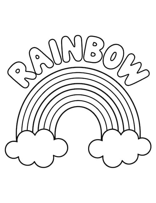 rainbow coloring page with the word "RAINBOW" in bold letters.