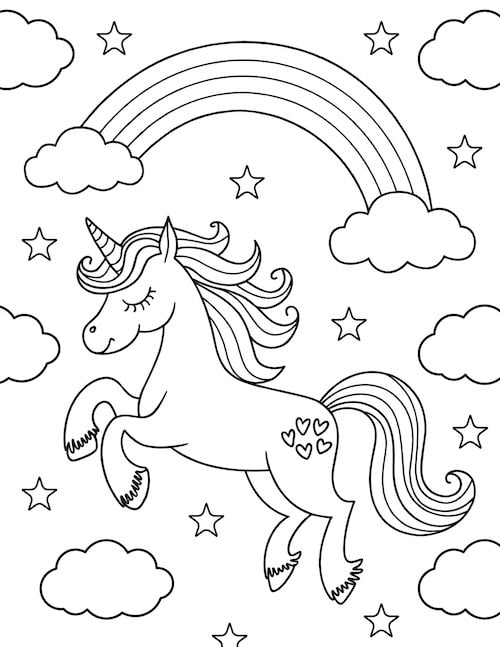 coloring page of a unicorn flying in the sky.