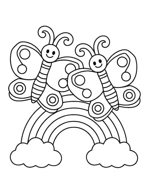 rainbow coloring page with two smiling butterflies.