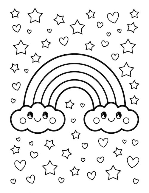 rainbow coloring page with smiling clouds, stars, and hearts.