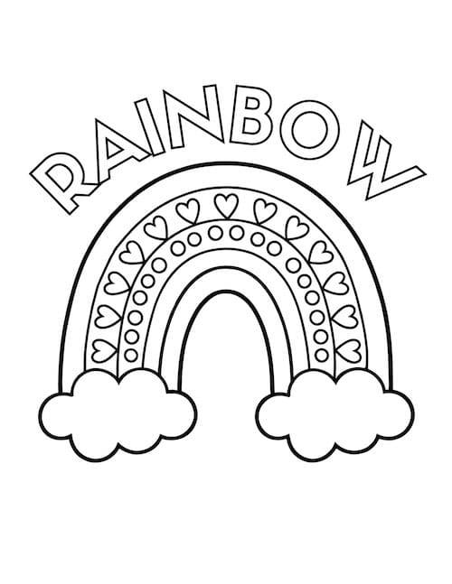 rainbow coloring page with hearts and clouds.