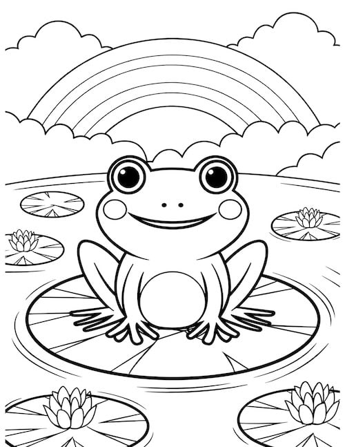 smiling frog on a lily pad.