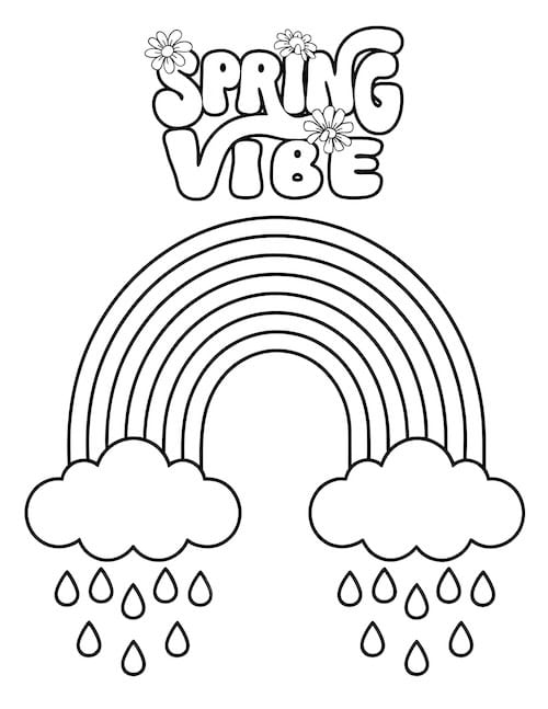 rainbow coloring page with clouds and raindrops.